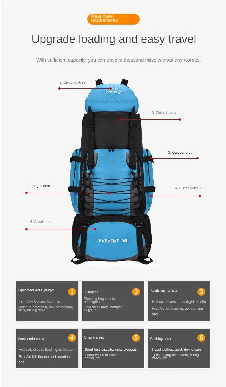90L Large Capacity Travel Backpack Men Women Camping Hiking Climbing Mountaineering Bags Outdoor Sports Shoulder Rucksack
