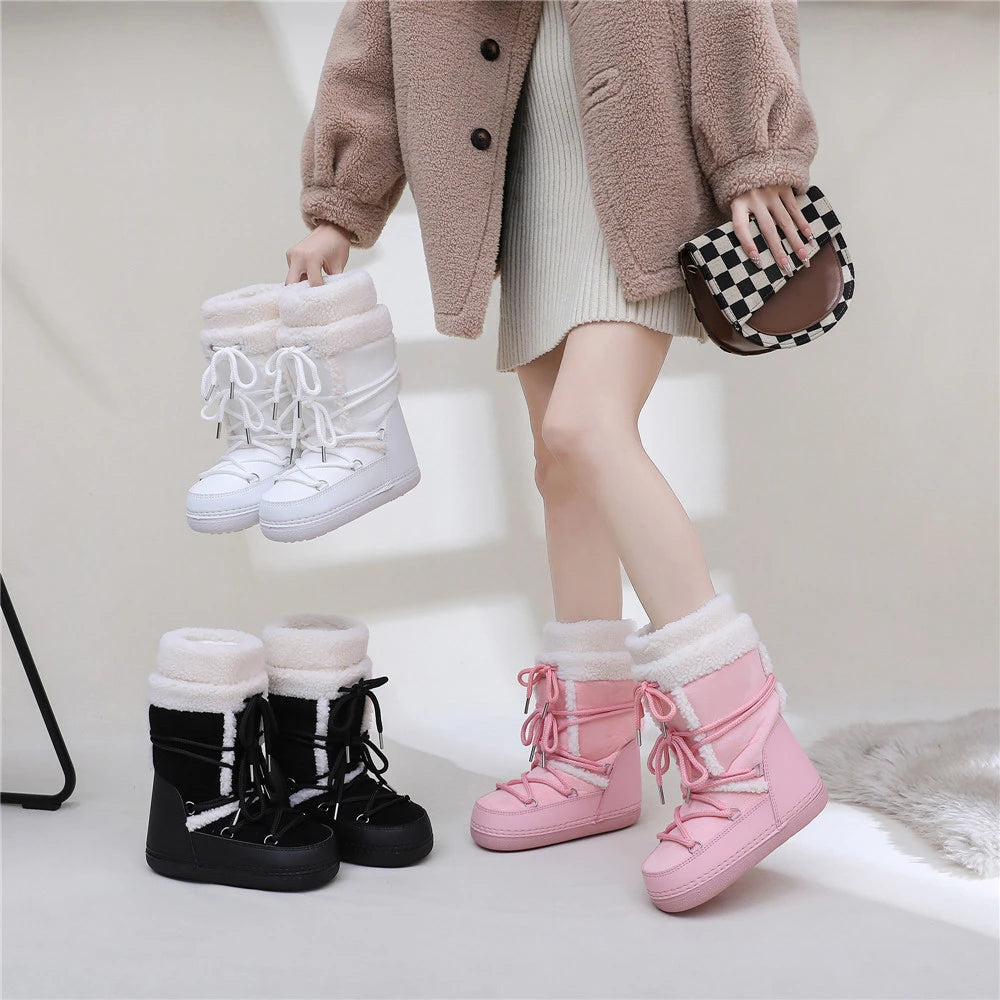 2025 Winter Snow Boots Women Boots Brand Design Fluffy Furry Fur Boots Waterproof Platform Non-slip Lace-up Mid-calf Ski Boots