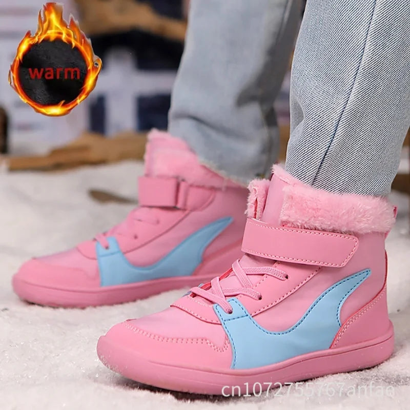 Winter Kids Wide Toe Barefoot Snow Boots Outdoor Waterproof Anti-slip Hiking Shoes Thickened Warm Plush Boots Comfortable