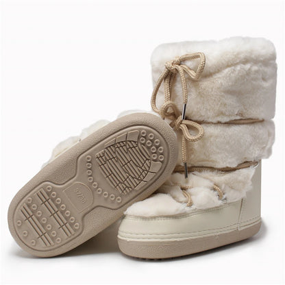 2025 Winter Snow Boots Women Ski Boots Luxury Fluffy Furry Fur Boots Female Rivets Warm Waterproof Platform Black Cotton Boots