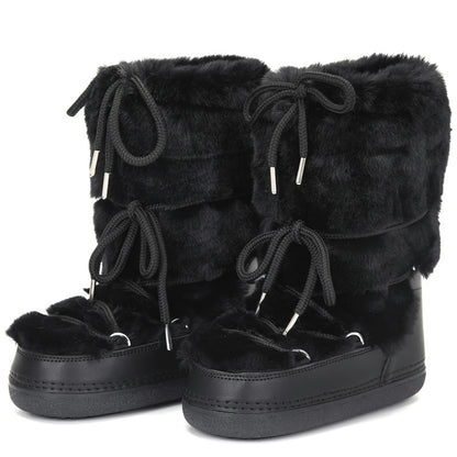 2025 Winter Boots for Women Snow Boots Brand Fluffy Furry Fur Lace Up Black Pink Platform Non-Slip Waterproof Ski Boots