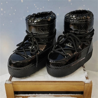 Women Platform Boots 2025 Winter Ski Boots Woman Non-slip PU Leather Waterproof Snow Boots Black Sponge Cotton Lined Ankle Boots