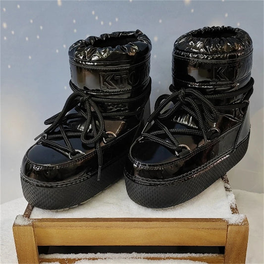Women Platform Boots 2025 Winter Ski Boots Woman Non-slip PU Leather Waterproof Snow Boots Black Sponge Cotton Lined Ankle Boots