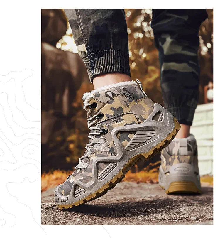 Cross-Border Autumn/Winter High-Top Men's Outdoor Non-Slip Climbing Boots Plus Size Thickened Warm Cotton Shoes Fleece-Lined