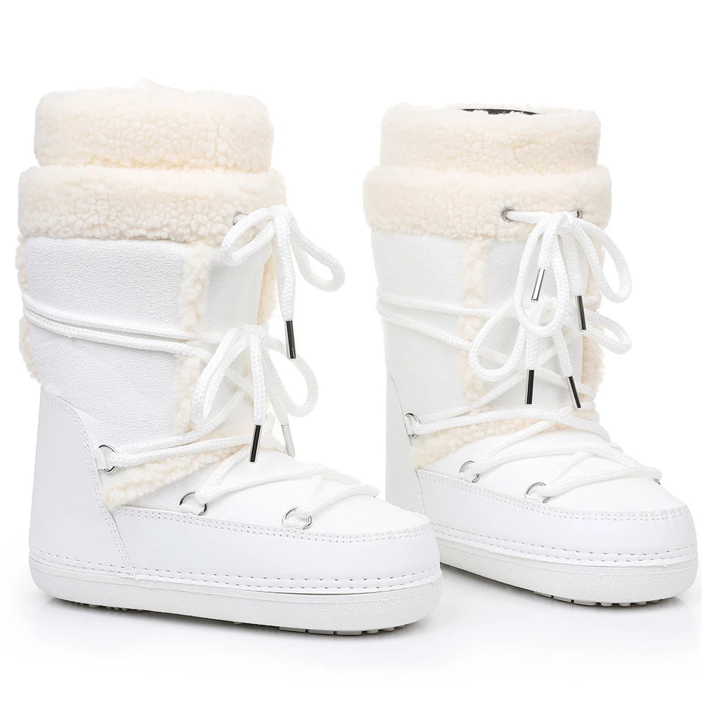 2025 Winter Snow Boots Women Boots Brand Design Fluffy Furry Fur Boots Waterproof Platform Non-slip Lace-up Mid-calf Ski Boots