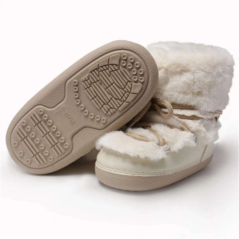 2025 Winter Snow Boots Women Boots Brand Design Fluffy Furry Fur Boots Waterproof Platform Non-slip Lace-up Mid-calf Ski Boots
