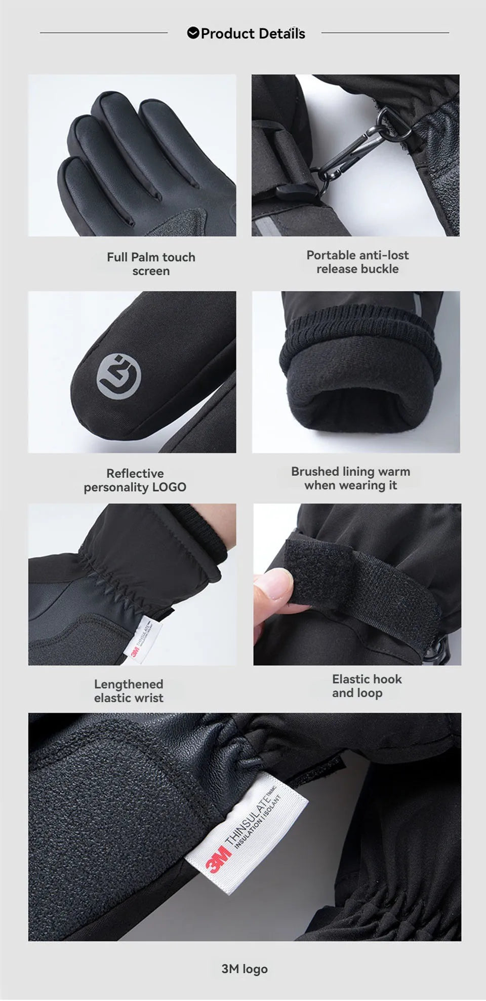 GOBYGO 1Pair Winter Ski Gloves Thickened Cold Non-slip Waterproof Touch Screen Gloves Extended Wrist Riding Ski Gloves Men Women
