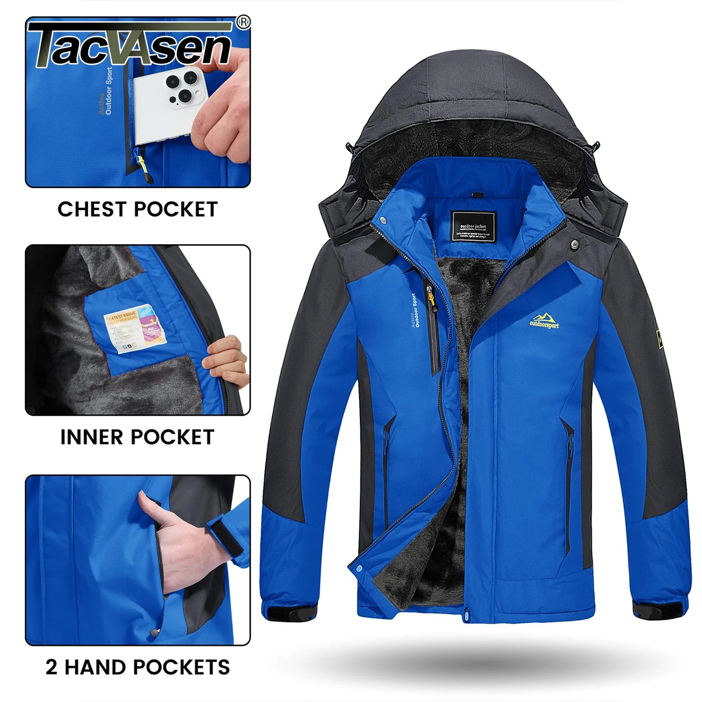 TACVASEN Winter Thicken Ski Snowboard Jacket Mens Fleece Waterproof Hiking Jackets Outdoor Mountain Trekking Windbreaker Parka