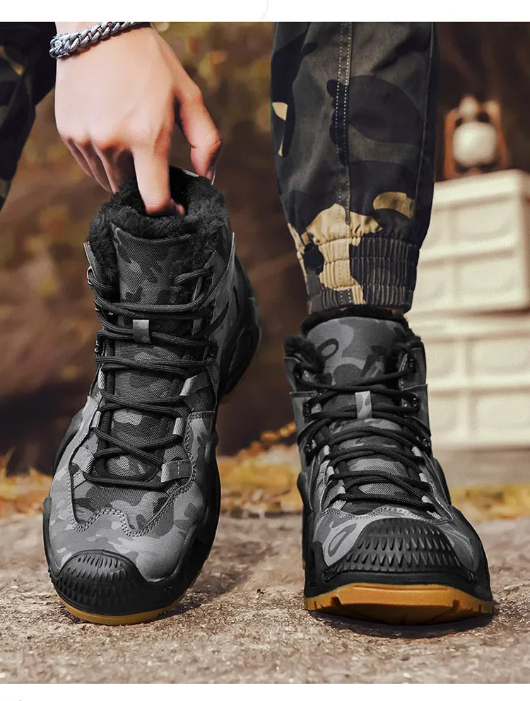 Cross-Border Autumn/Winter High-Top Men's Outdoor Non-Slip Climbing Boots Plus Size Thickened Warm Cotton Shoes Fleece-Lined