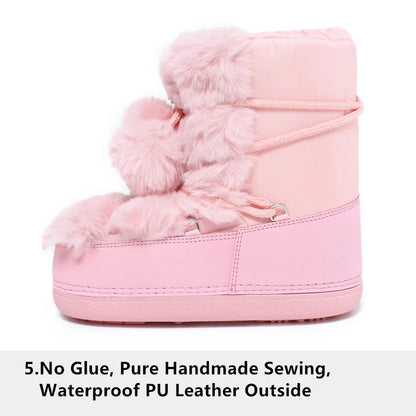 2025 Winter Snow Boots Women Boots Brand Design Fluffy Furry Fur Boots Waterproof Platform Non-slip Lace-up Mid-calf Ski Boots