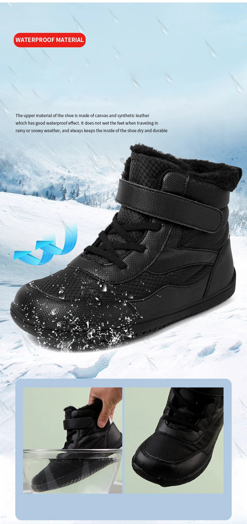 Winter Kids Wide Toe Barefoot Shoes Waterproof Snow Boots Outdoor Girls' Boy Comfortable and Warm Fur Snow Hiking Boot Warm Boot