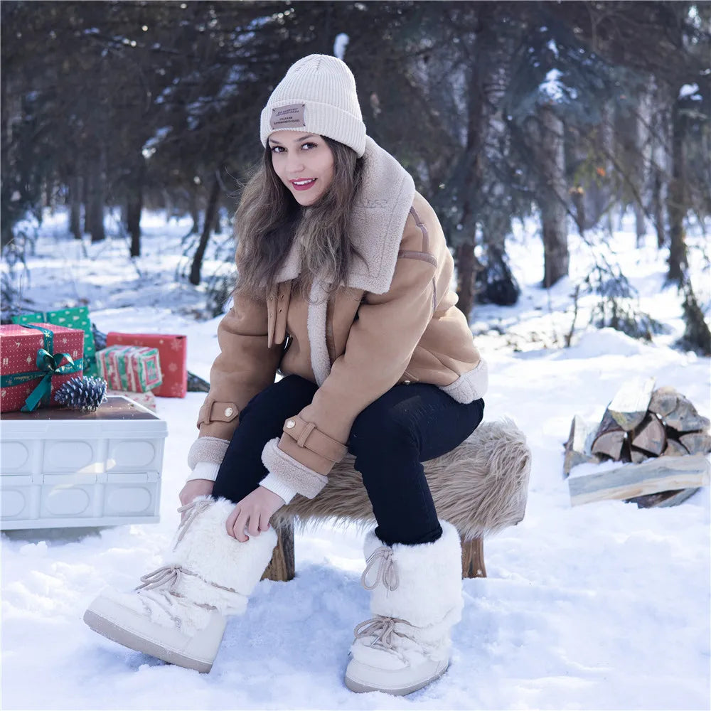 2025 Winter Boots for Women Snow Boots Brand Fluffy Furry Fur Lace Up Black Pink Platform Non-Slip Waterproof Ski Boots