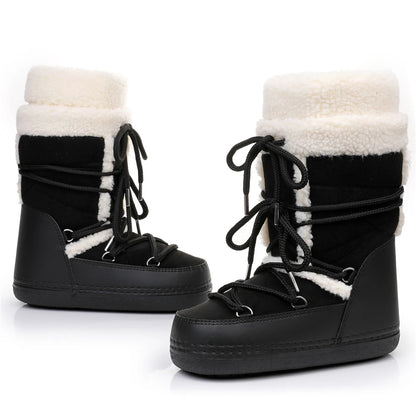 2025 Winter Snow Boots Women Boots Brand Design Fluffy Furry Fur Boots Waterproof Platform Non-slip Lace-up Mid-calf Ski Boots