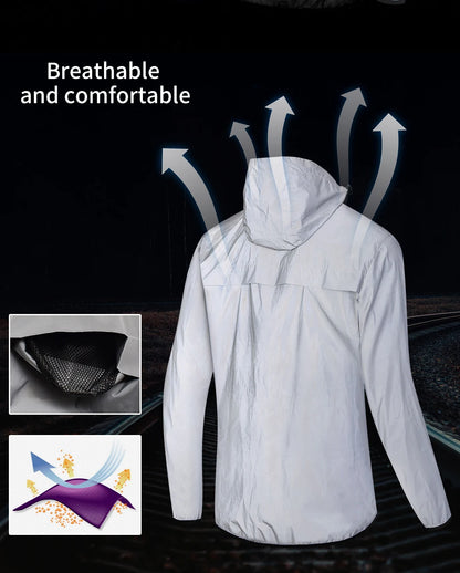 WOSAWE Men's Fully Reflective Jacket Outdoor Lightweight Windbreaker MTB Bike Hooded Rain Jacket Running Fishing Cycling Coat