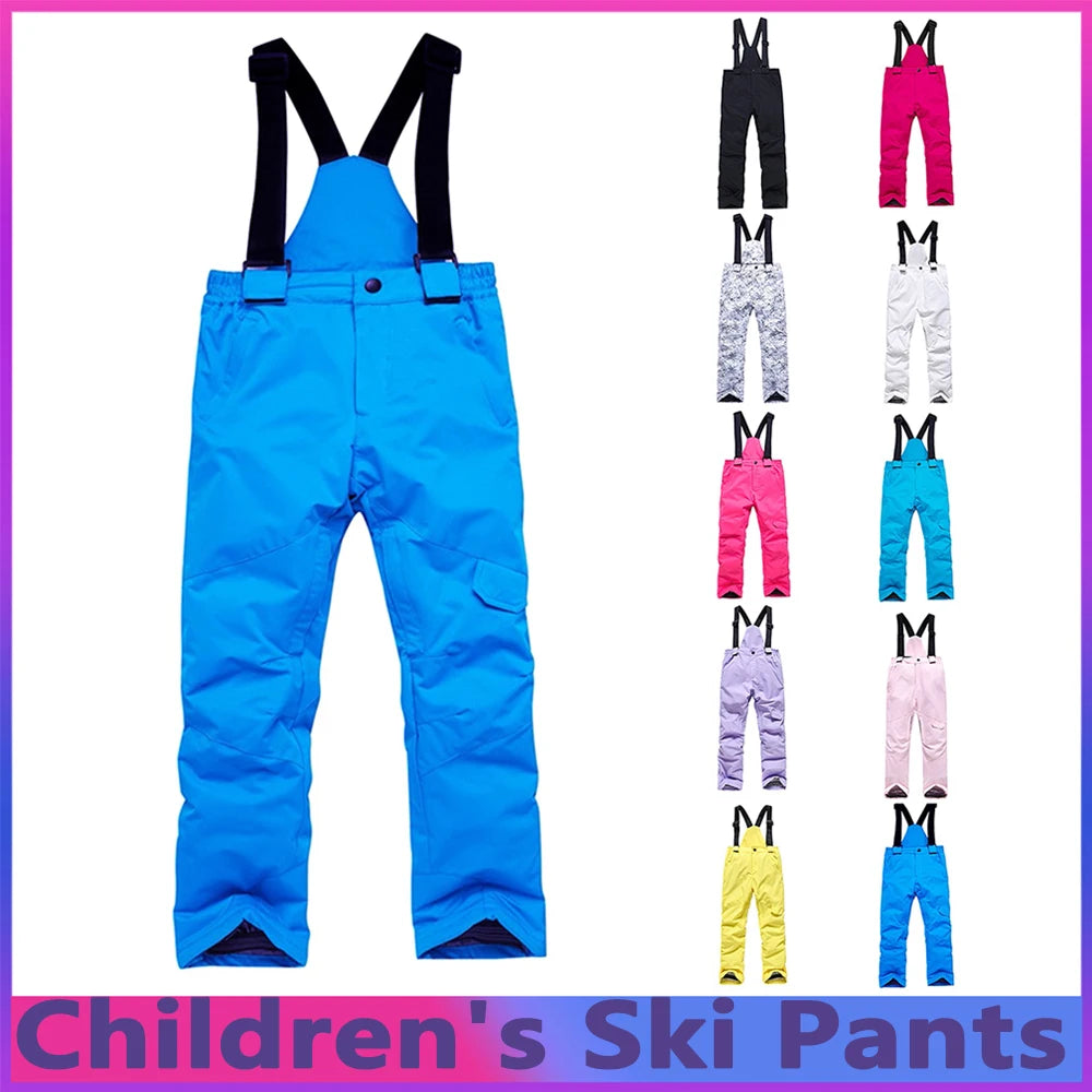Children'S Ski Pants Autumn Winter Outdoor Sports Solid Warm Thick Ski Pants Comfortable Waterproof Pocket Strap Skiing Pants
