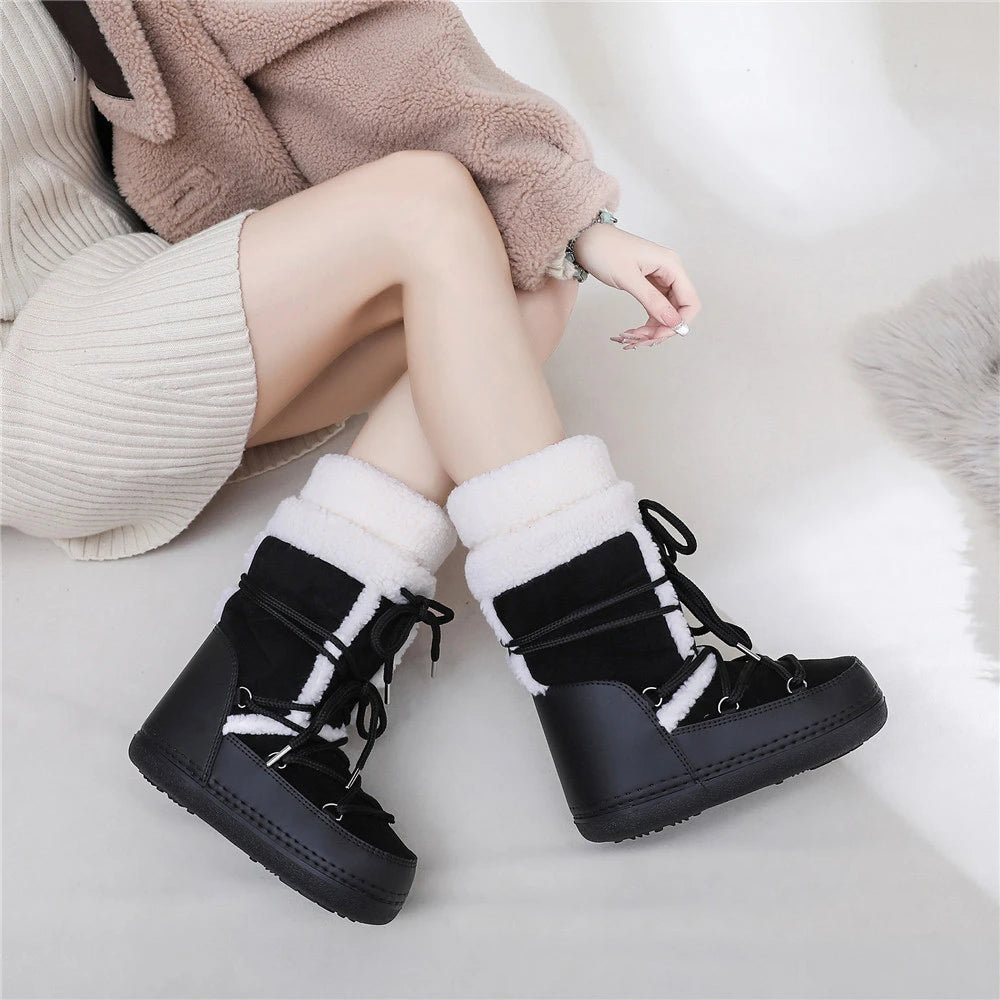 2025 Winter Snow Boots Women Boots Brand Design Fluffy Furry Fur Boots Waterproof Platform Non-slip Lace-up Mid-calf Ski Boots