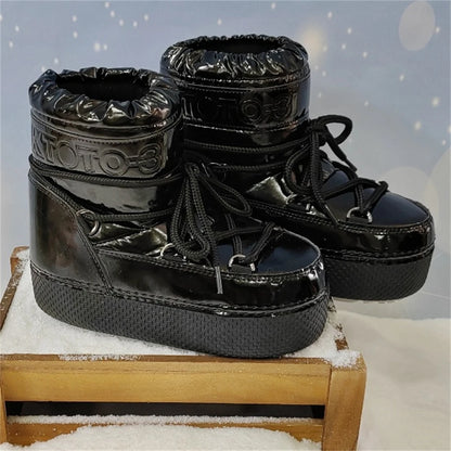 Women Platform Boots 2025 Winter Ski Boots Woman Non-slip PU Leather Waterproof Snow Boots Black Sponge Cotton Lined Ankle Boots