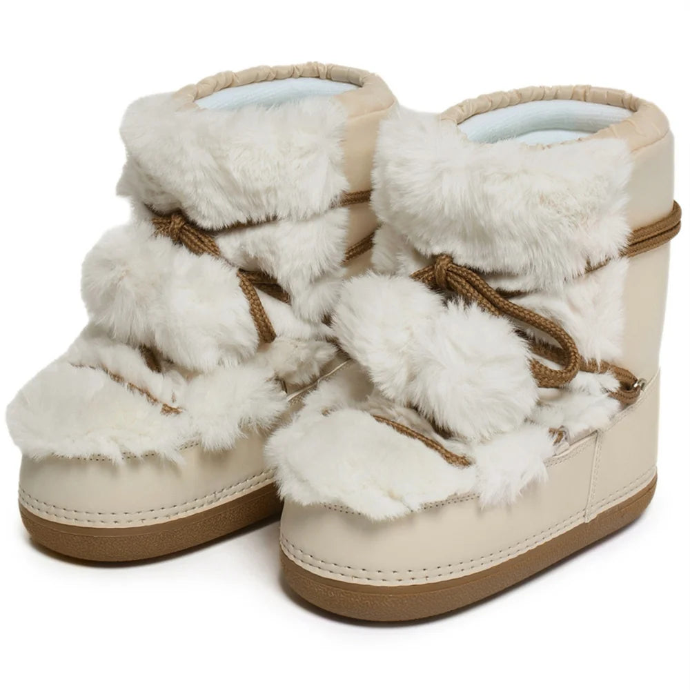 2025 Winter Snow Boots Women Boots Brand Design Fluffy Furry Fur Boots Waterproof Platform Non-slip Lace-up Mid-calf Ski Boots