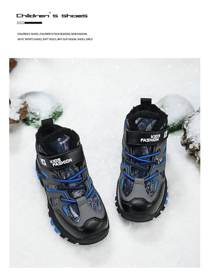 Winter Fur Hiking Shoes Kids Non-slip Claw Sports Shoes Outdoor Warm Velvet Snow Boots Children High Top Platform Sneakers Boys