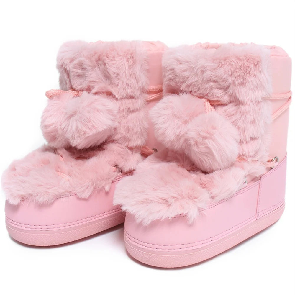 2025 Winter Snow Boots Women Boots Brand Design Fluffy Furry Fur Boots Waterproof Platform Non-slip Lace-up Mid-calf Ski Boots