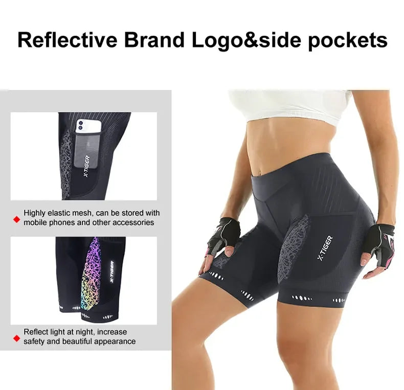 X-TIGER Women's Cycling Shorts Competitive Foam Padded MTB Bike Shorts with Side Pockets Summer Reflective Bib Tights