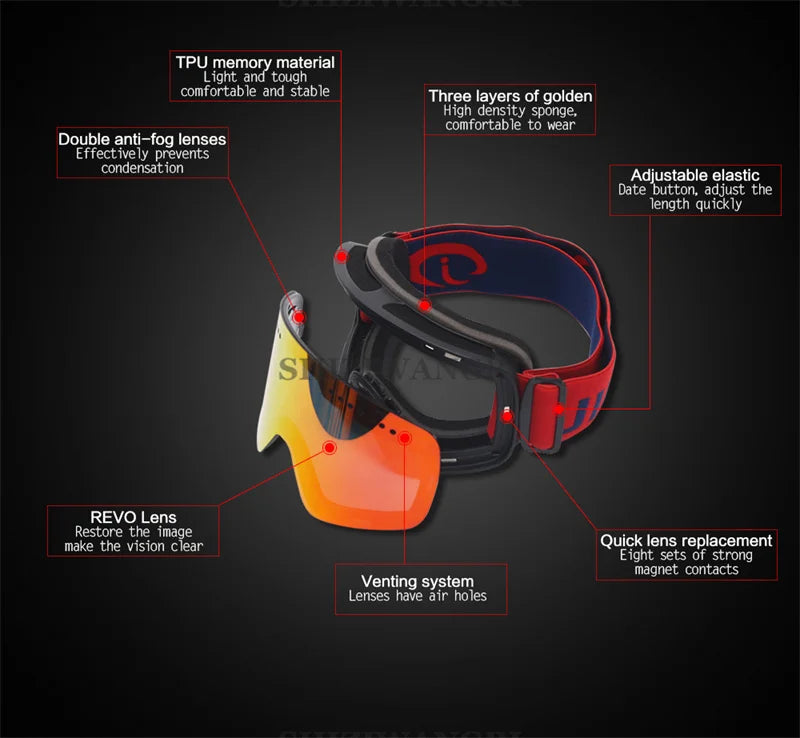 Magnetic Ski Goggles Lens Double Layer Skiing Anti-fog UV400 Snowboard Goggles Men Women Ski Glasses Eyewear