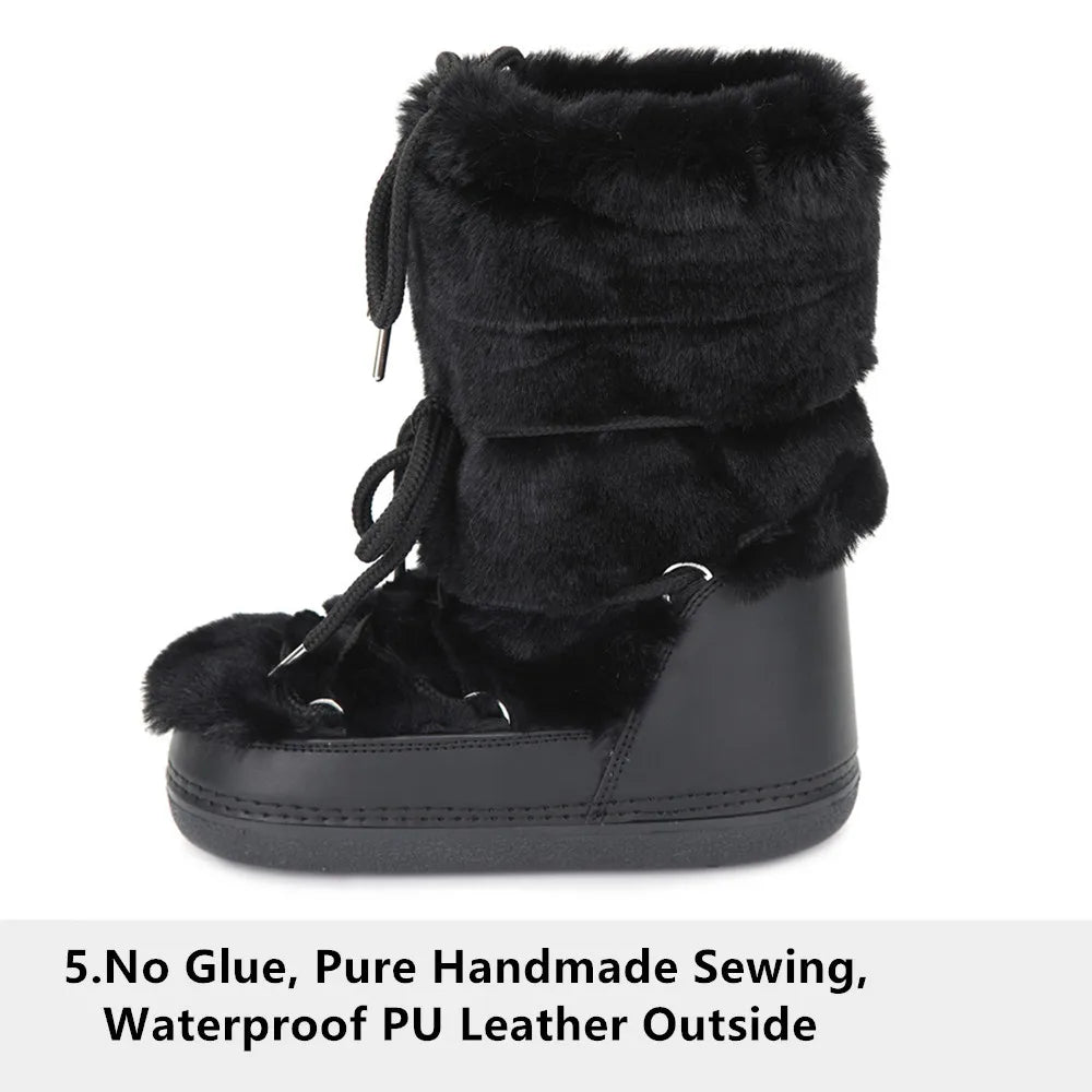 2025 Winter Snow Boots Women Ski Boots Luxury Fluffy Furry Fur Boots Female Rivets Warm Waterproof Platform Black Cotton Boots