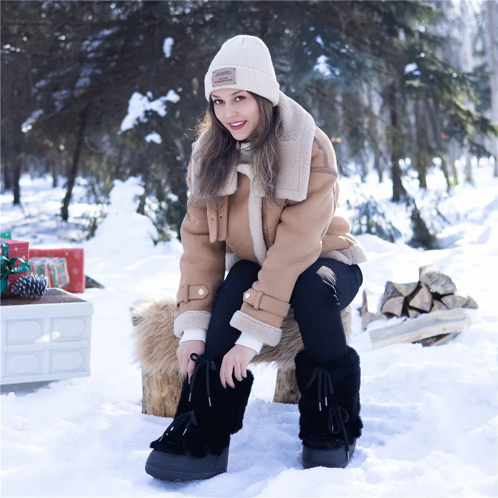 2025 Winter Boots for Women Snow Boots Brand Fluffy Furry Fur Lace Up Black Pink Platform Non-Slip Waterproof Ski Boots