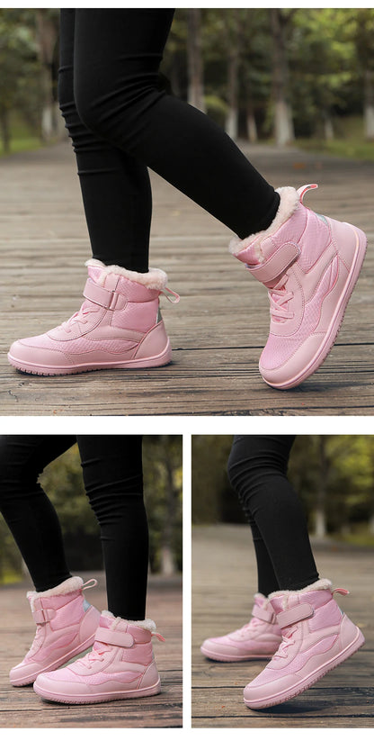 Winter Kids Wide Toe Barefoot Shoes Waterproof Snow Boots Outdoor Girls' Boy Comfortable and Warm Fur Snow Hiking Boot Warm Boot