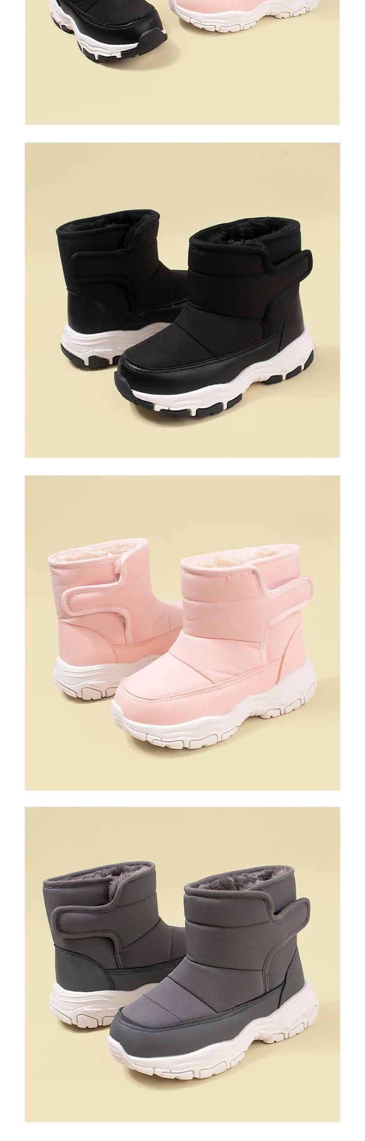 Winter New Waterproof Fabric Big Kids Fleece Snow Boots Children Warm Chunky Sole Casual Plush Boots EKF75