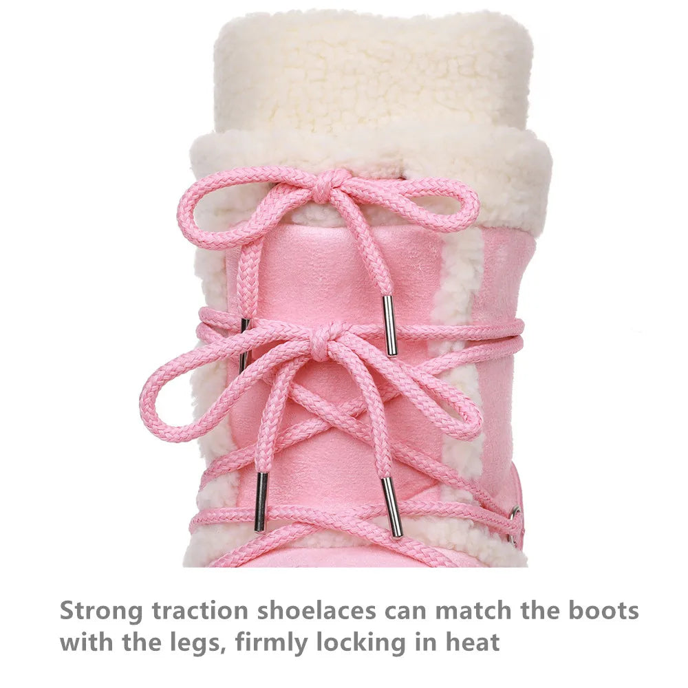 2025 Winter Snow Boots Women Boots Brand Design Fluffy Furry Fur Boots Waterproof Platform Non-slip Lace-up Mid-calf Ski Boots