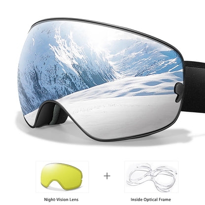 Anti-Fog SKI Goggles Snowboard Goggles UV400 with Night Vison Lens Men Women Teen Best Gift for Christmas and New Year