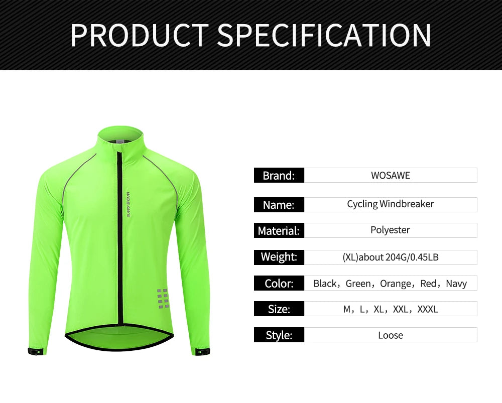 WOSAWE Men's Cycling Windbreaker Ultralight Reflective Windproof Jacket Men MTB Road Bike Wind Coat Long Sleeve Bicycle Clothing