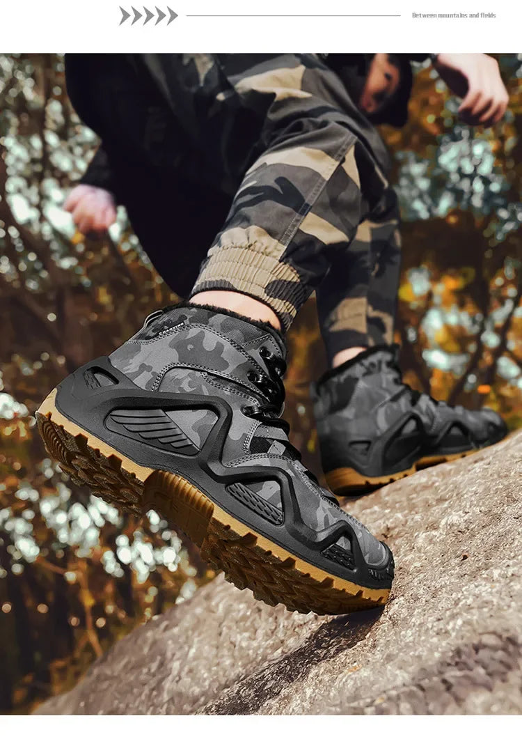 Cross-Border Autumn/Winter High-Top Men's Outdoor Non-Slip Climbing Boots Plus Size Thickened Warm Cotton Shoes Fleece-Lined