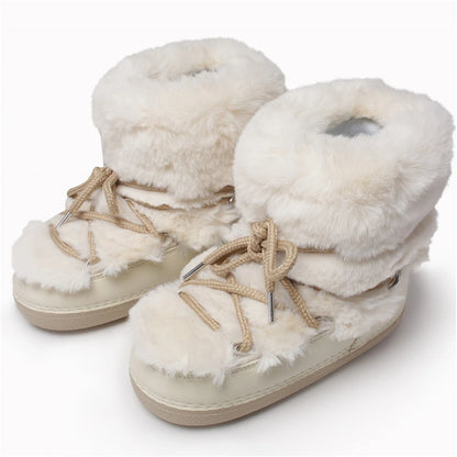 2025 Winter Snow Boots Women Boots Brand Design Fluffy Furry Fur Boots Waterproof Platform Non-slip Lace-up Mid-calf Ski Boots