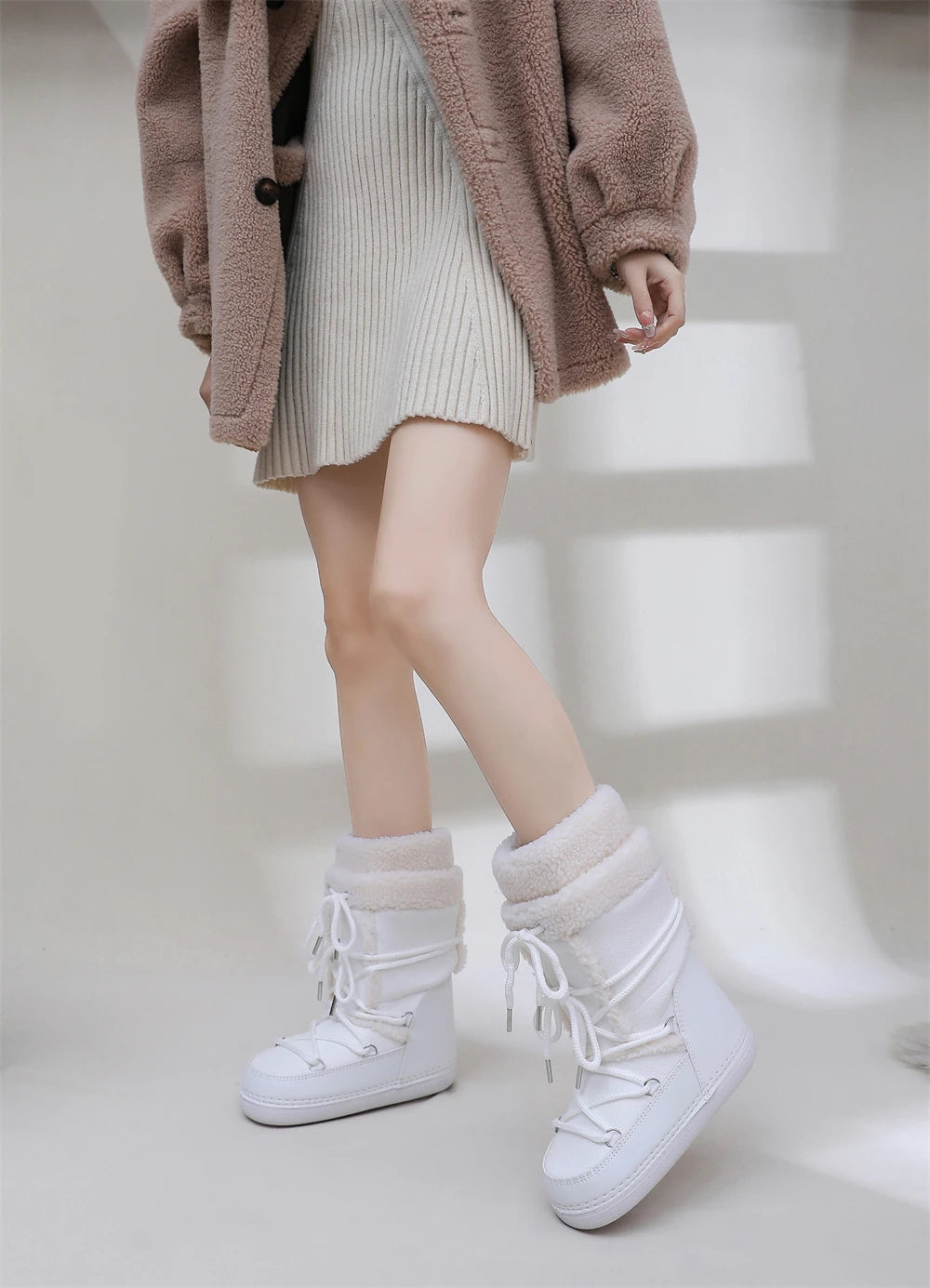 2025 Winter Snow Boots Women Boots Brand Design Fluffy Furry Fur Boots Waterproof Platform Non-slip Lace-up Mid-calf Ski Boots