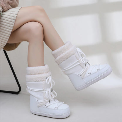 2025 Winter Snow Boots Women Boots Brand Design Fluffy Furry Fur Boots Waterproof Platform Non-slip Lace-up Mid-calf Ski Boots
