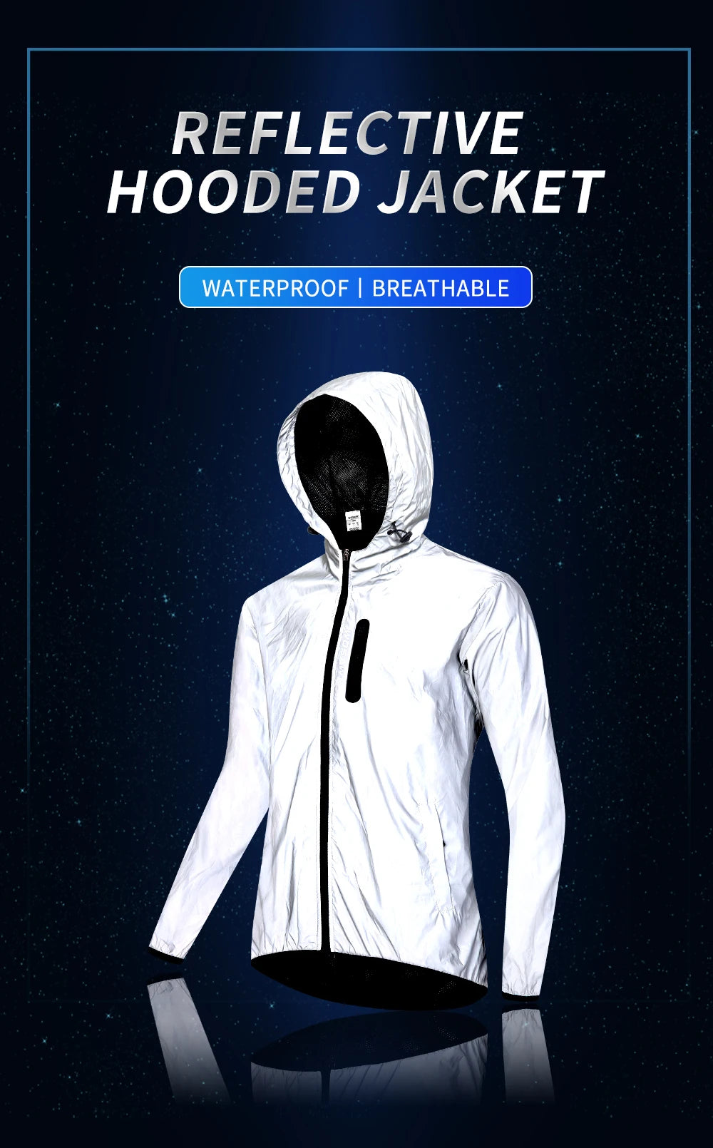 WOSAWE Men's Fully Reflective Jacket Outdoor Lightweight Windbreaker MTB Bike Hooded Rain Jacket Running Fishing Cycling Coat