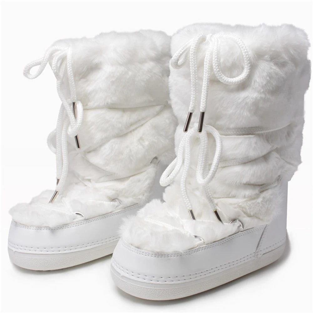 2025 Winter Snow Boots Women Ski Boots Luxury Fluffy Furry Fur Boots Female Rivets Warm Waterproof Platform Black Cotton Boots