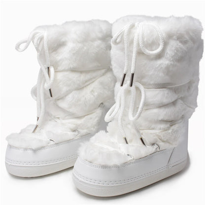 2025 Winter Snow Boots Women Ski Boots Luxury Fluffy Furry Fur Boots Female Rivets Warm Waterproof Platform Black Cotton Boots