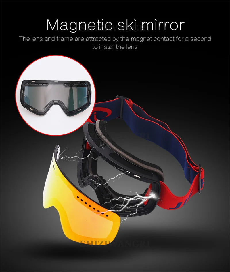 Magnetic Ski Goggles Lens Double Layer Skiing Anti-fog UV400 Snowboard Goggles Men Women Ski Glasses Eyewear