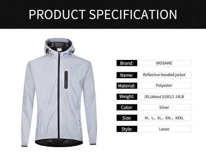 WOSAWE Men's Fully Reflective Jacket Outdoor Lightweight Windbreaker MTB Bike Hooded Rain Jacket Running Fishing Cycling Coat