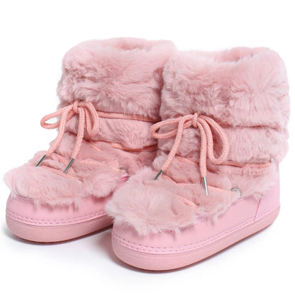 2025 Winter Snow Boots Women Boots Brand Design Fluffy Furry Fur Boots Waterproof Platform Non-slip Lace-up Mid-calf Ski Boots