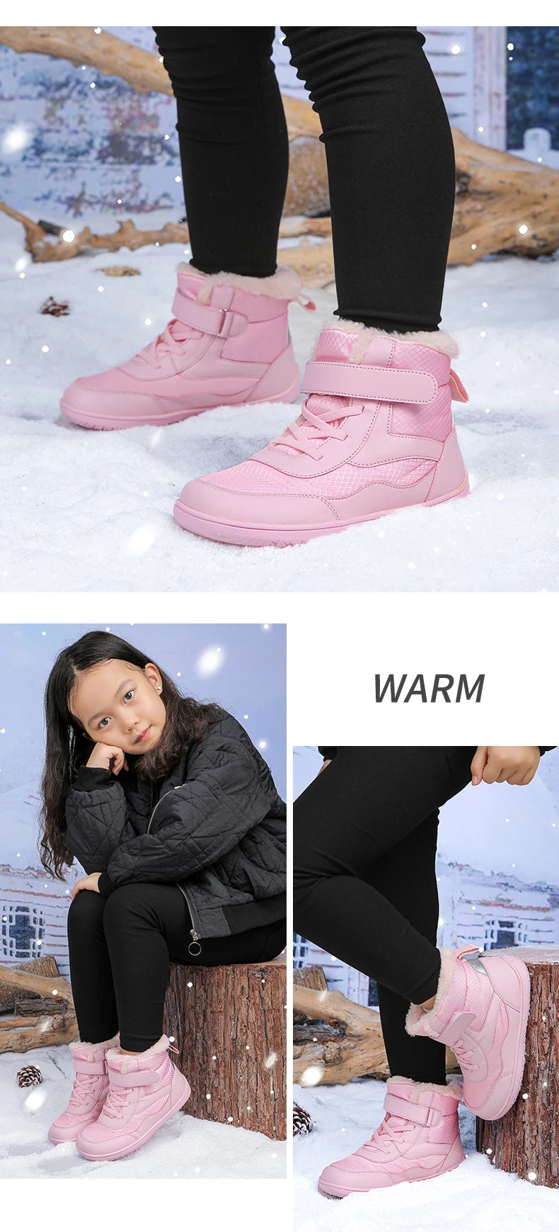 Winter Kids Wide Toe Barefoot Shoes Waterproof Snow Boots Outdoor Girls' Boy Comfortable and Warm Fur Snow Hiking Boot Warm Boot