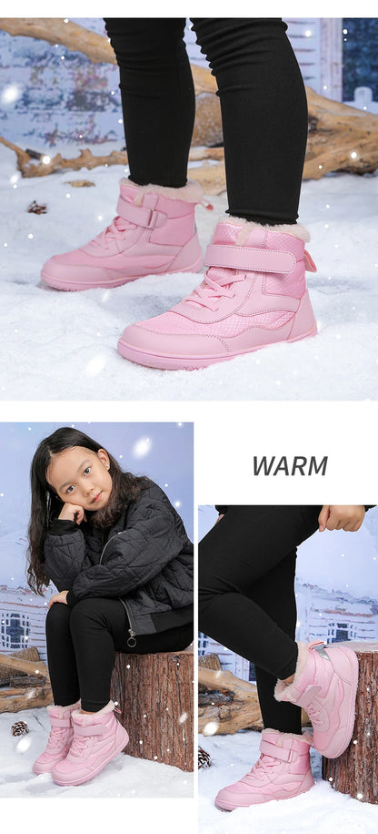 Winter Kids Wide Toe Barefoot Shoes Waterproof Snow Boots Outdoor Girls' Boy Comfortable and Warm Fur Snow Hiking Boot Warm Boot