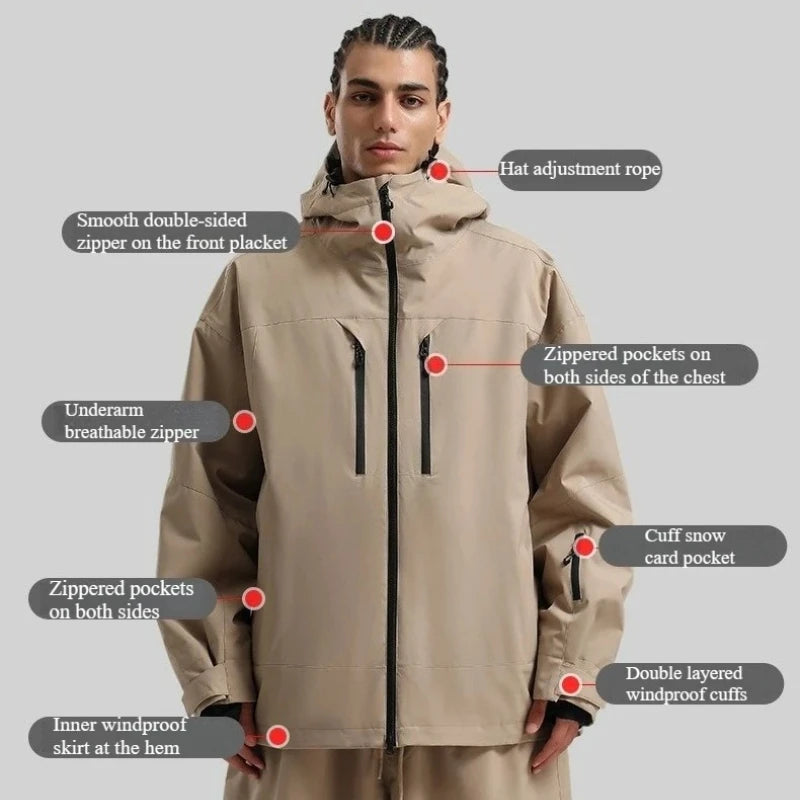 New Men Ski Jacket Waterproof Windproof Warm Breathable Snowboarding Coat 2025 Winter Sports Unisex Polyester Skiing Top Outdoor