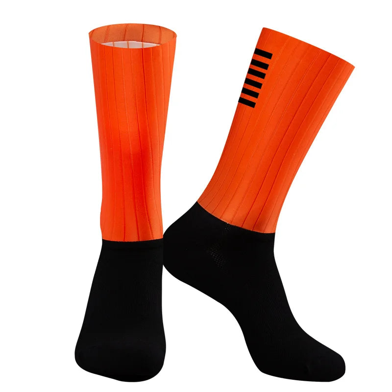 Cycling Knee High Socks Men Anti Slip Silicone Aero Whiteline Bicycle Sport Running Bike Hose