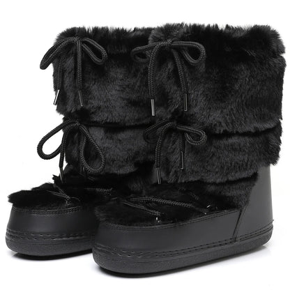 2025 Winter Boots for Women Snow Boots Brand Fluffy Furry Fur Lace Up Black Pink Platform Non-Slip Waterproof Ski Boots