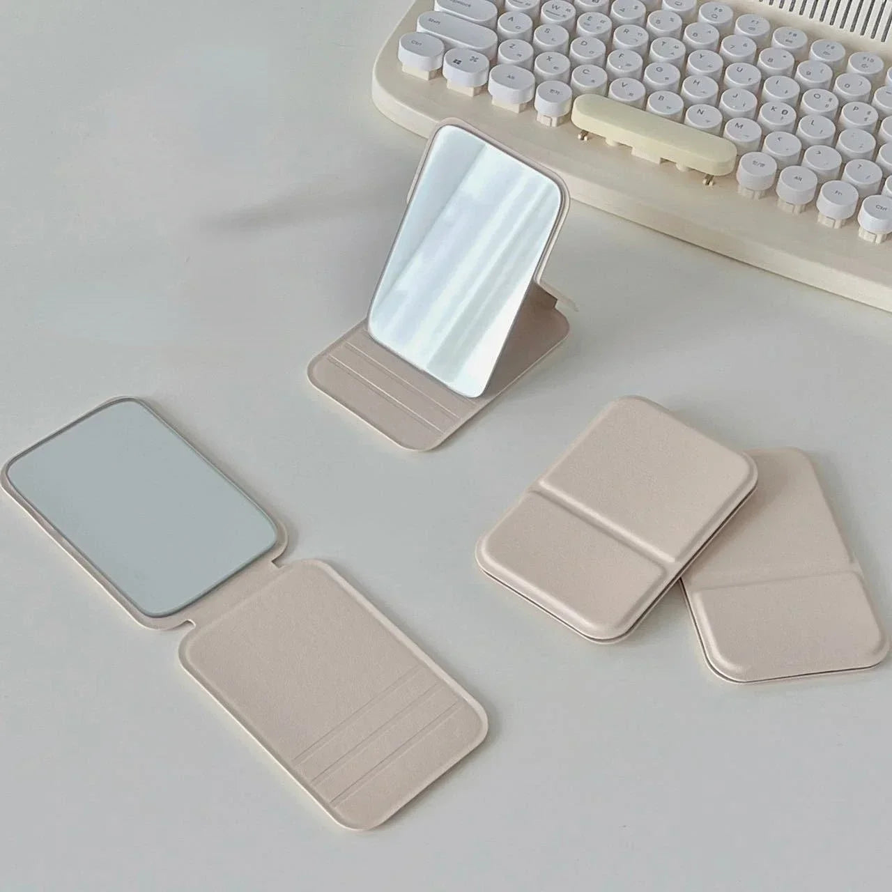 Desktop makeup mirror PU leather simple portable handheld makeup mirror foldable student compact cute pocket mirror