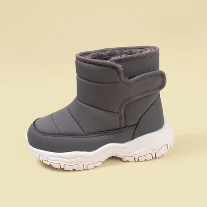Winter New Waterproof Fabric Big Kids Fleece Snow Boots Children Warm Chunky Sole Casual Plush Boots EKF75